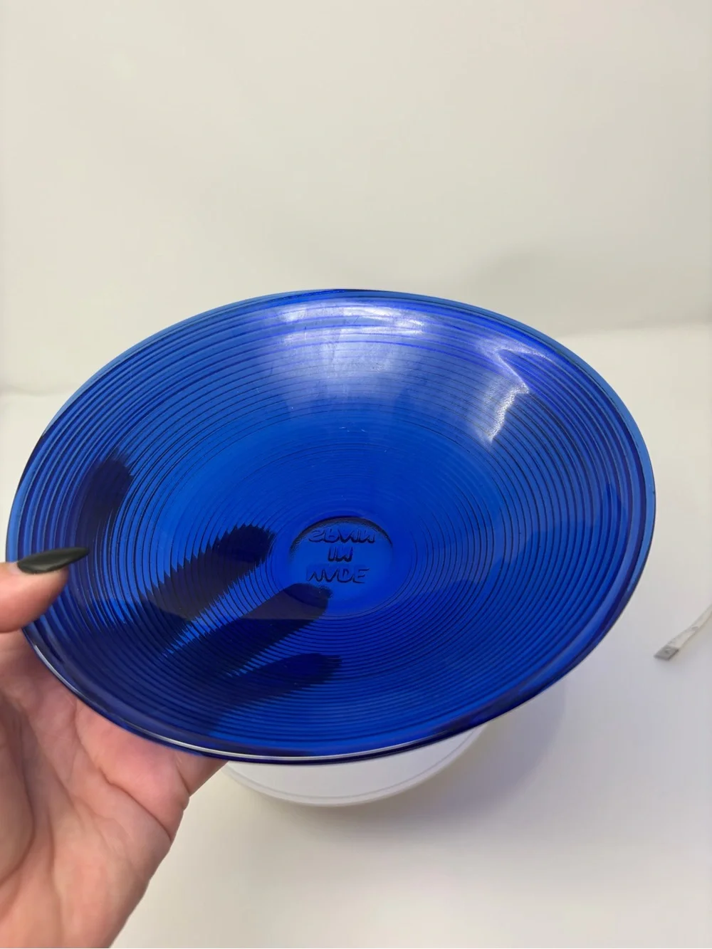 Art Deco Cobalt Blue Ribbed Glass Serving Bowl Made In Spain Vintage 7.5 Center